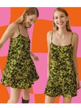 Urban Outfitters | Camille Mini Frock Dress Yellow Green Digitized Floral Print